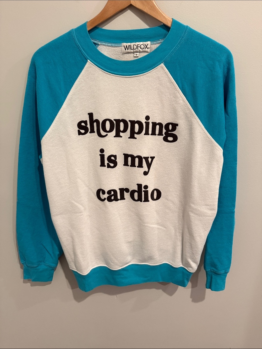 Wildfox White & Teal Raglan Crewneck Sweatshirt “Shopping is my Cardio”